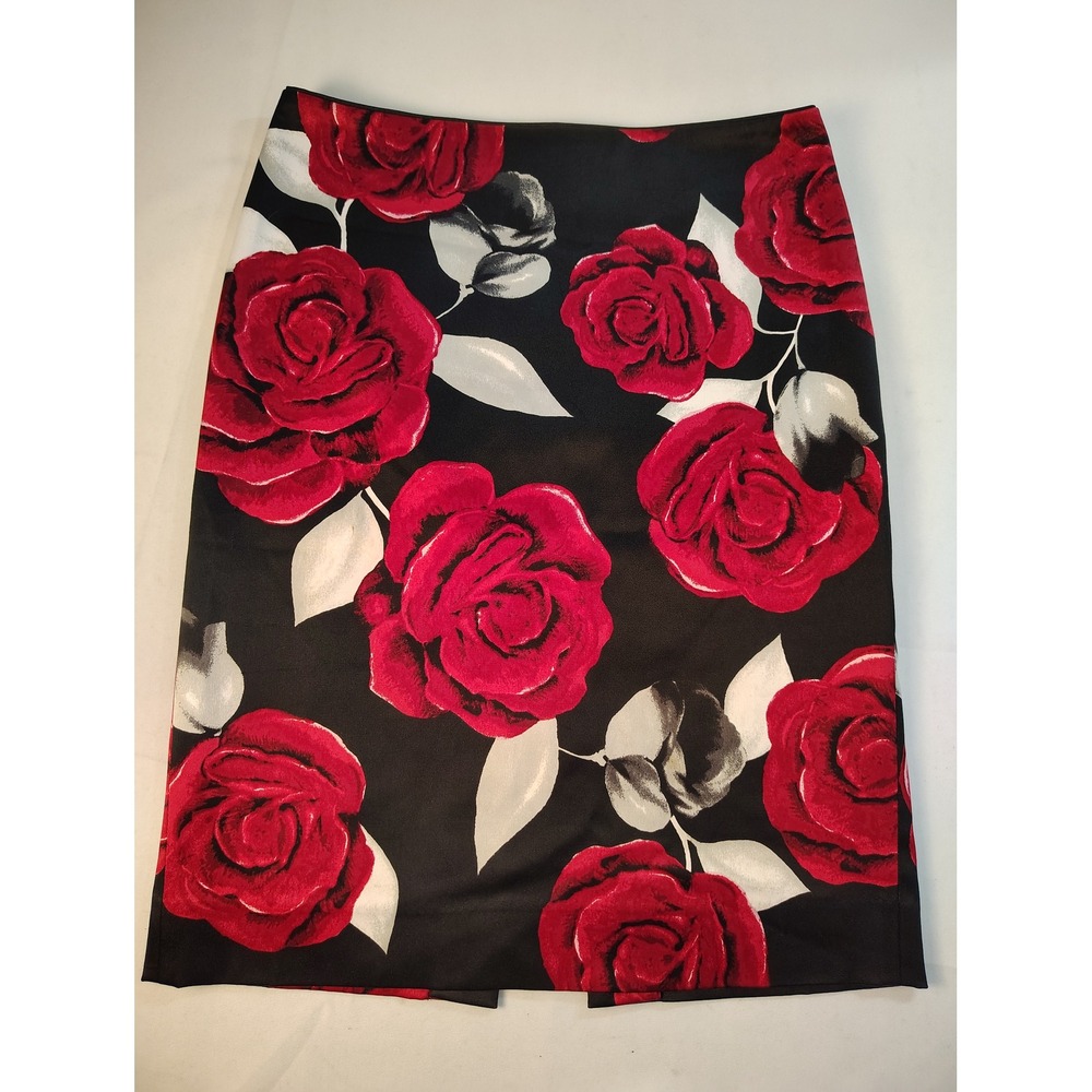 WHBM Black Red Rose Floral Pencil Skirt Office Siren Romantic Career Wear Size 0
